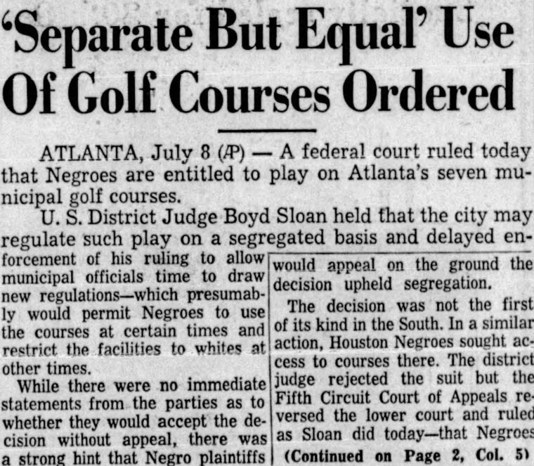 “’Separate But Equal’ Use Of Golf Courses Ordered” Columbus Enquirer newspaper clippinmg