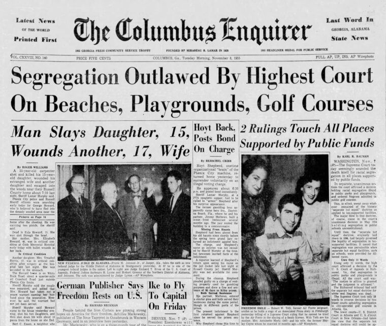 “Segregation Outlawed By Highest Court On Beaches, Playgrounds, Golf Courses” Columbus Enquirer newspaper clipping