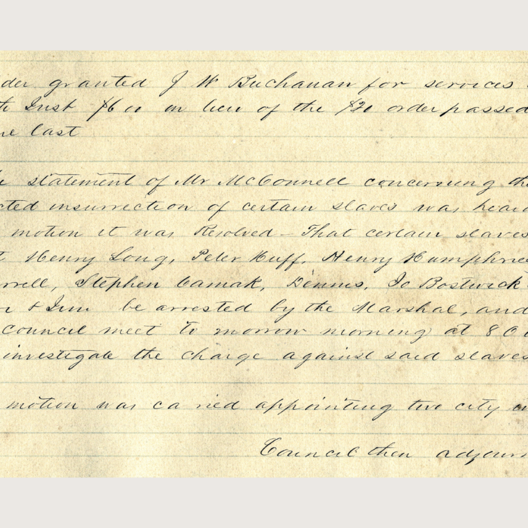 A notice in the 1851 minutes of Atlanta City Council of the arrest of slaves for planning an insurrection