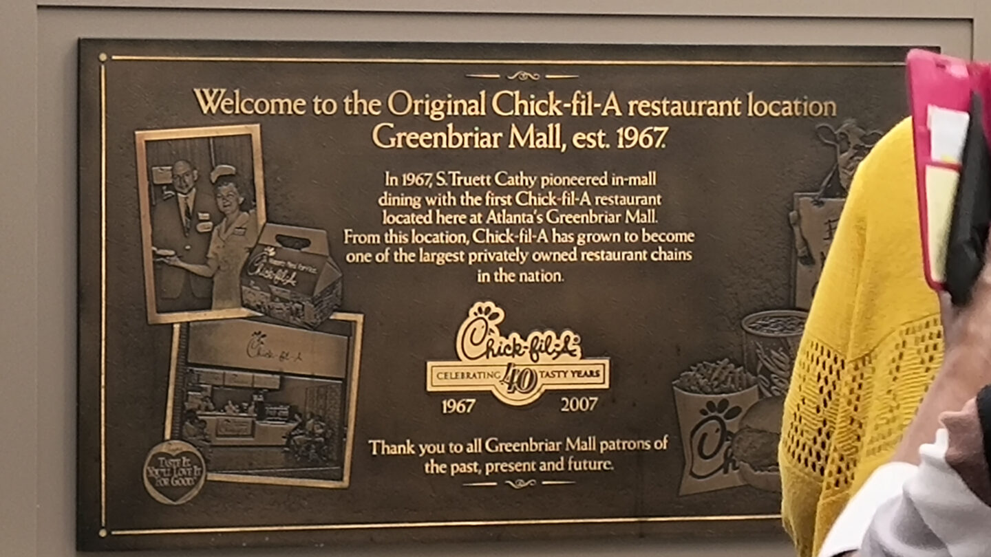Plaque commemorating Greenbriar Mall's Chick-fil-A