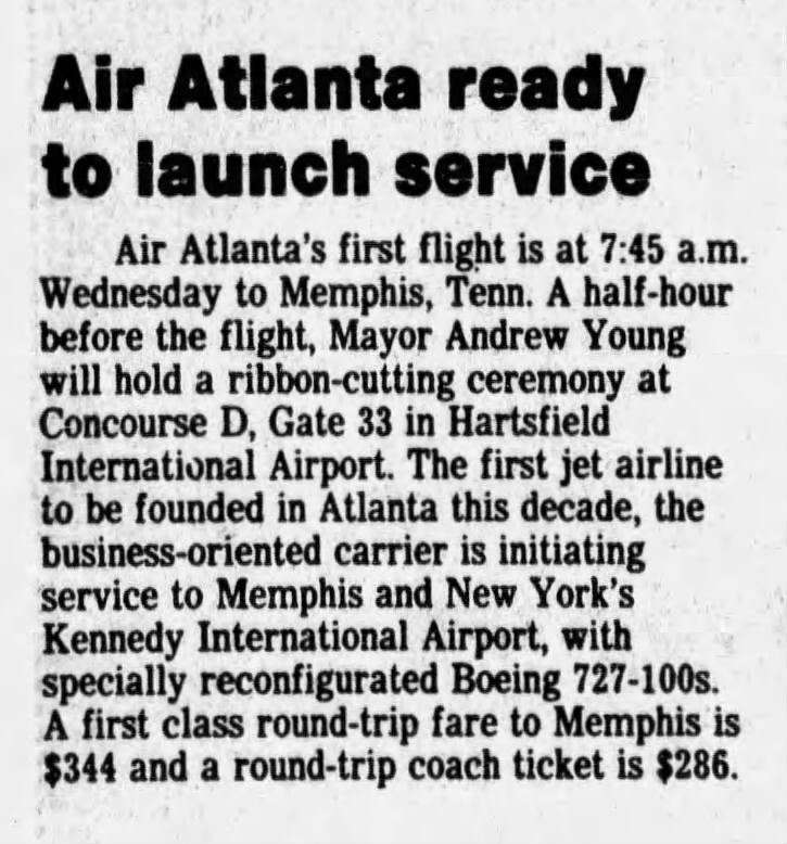 A news clipping mentioning Air Atlanta’s first flight in the Atlanta Constitution, January 30, 1984