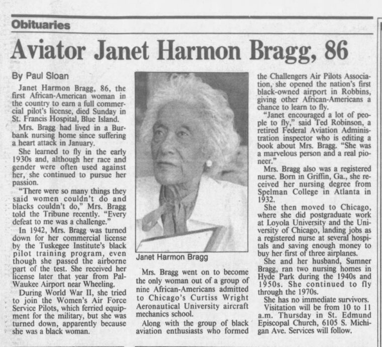 “Aviator Janet Harmon Bragg, 86,” Chicago Tribune