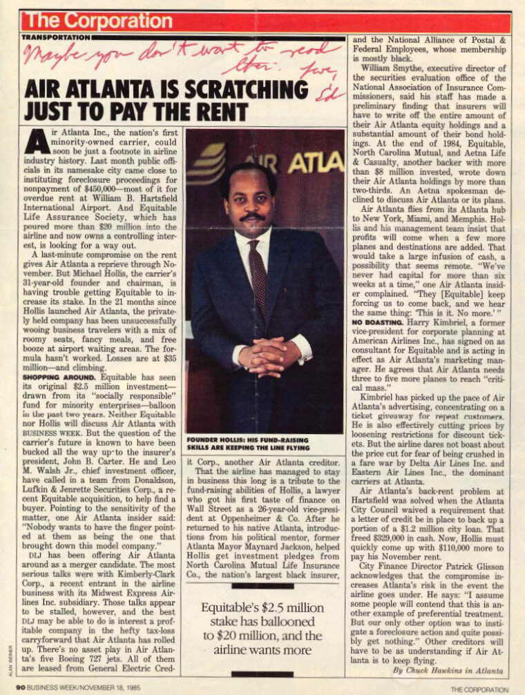 "Air Atlanta is Scratching Just to Pay the Rent," Business Week, November 18, 1985.