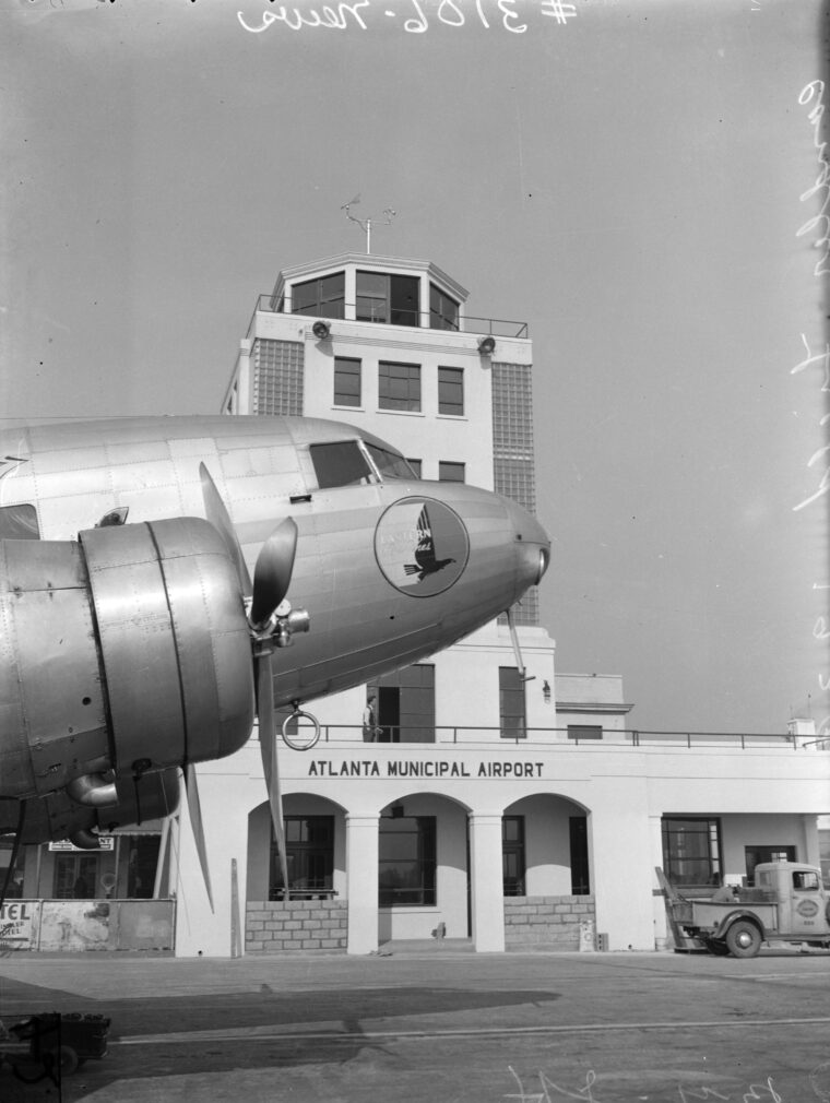 Easter Airlines plane parked in front of Atlanta Municipal Airport