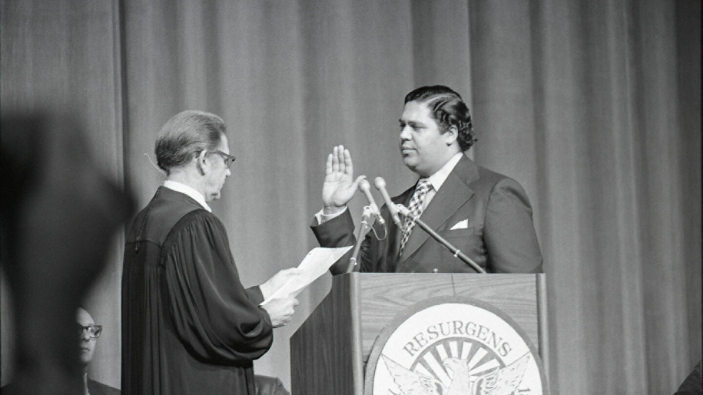 Honorable Luther Alverson swearing in Maynard Jackson as the Mayor of the city of Atlanta