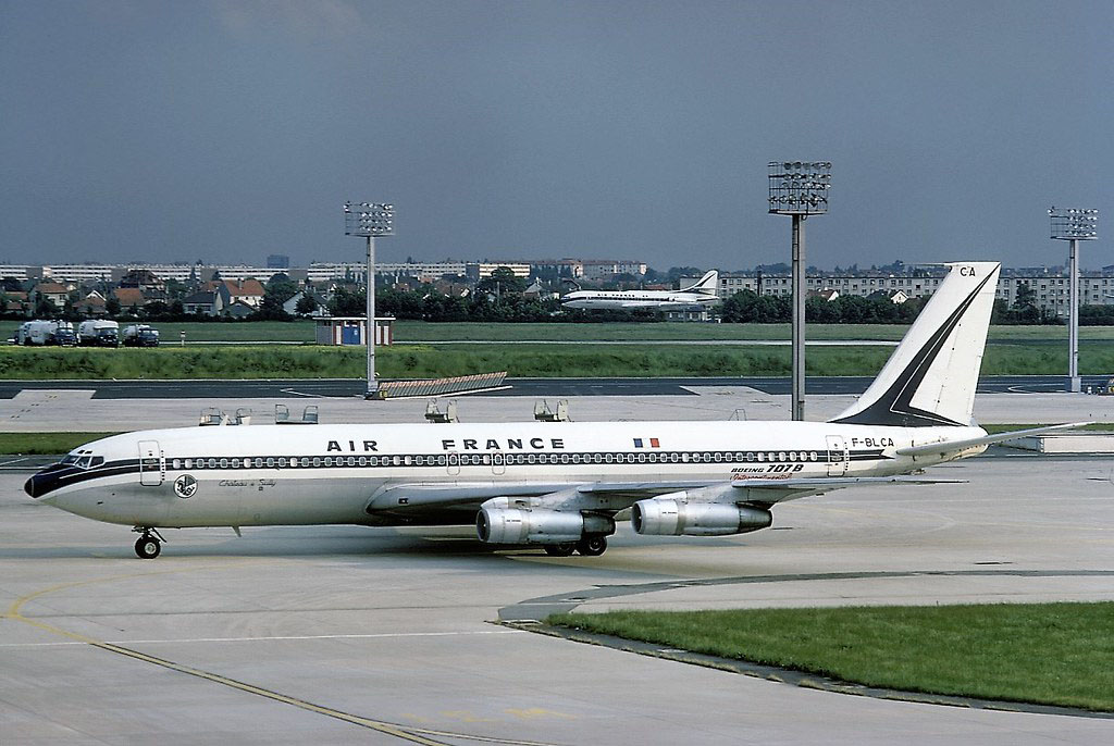 An Air France Boeing 707 taxis at Orly Airport in 1963