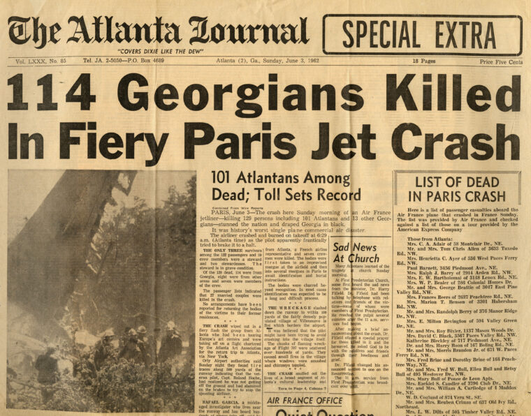 Front page of an 18-page special edition of the Atlanta Journal from June 3, 1962