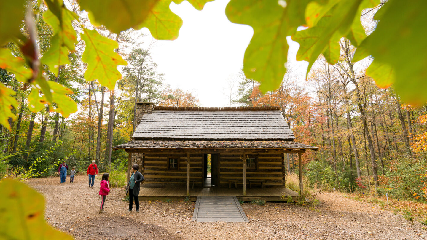 People walking outside of Wood Cabin