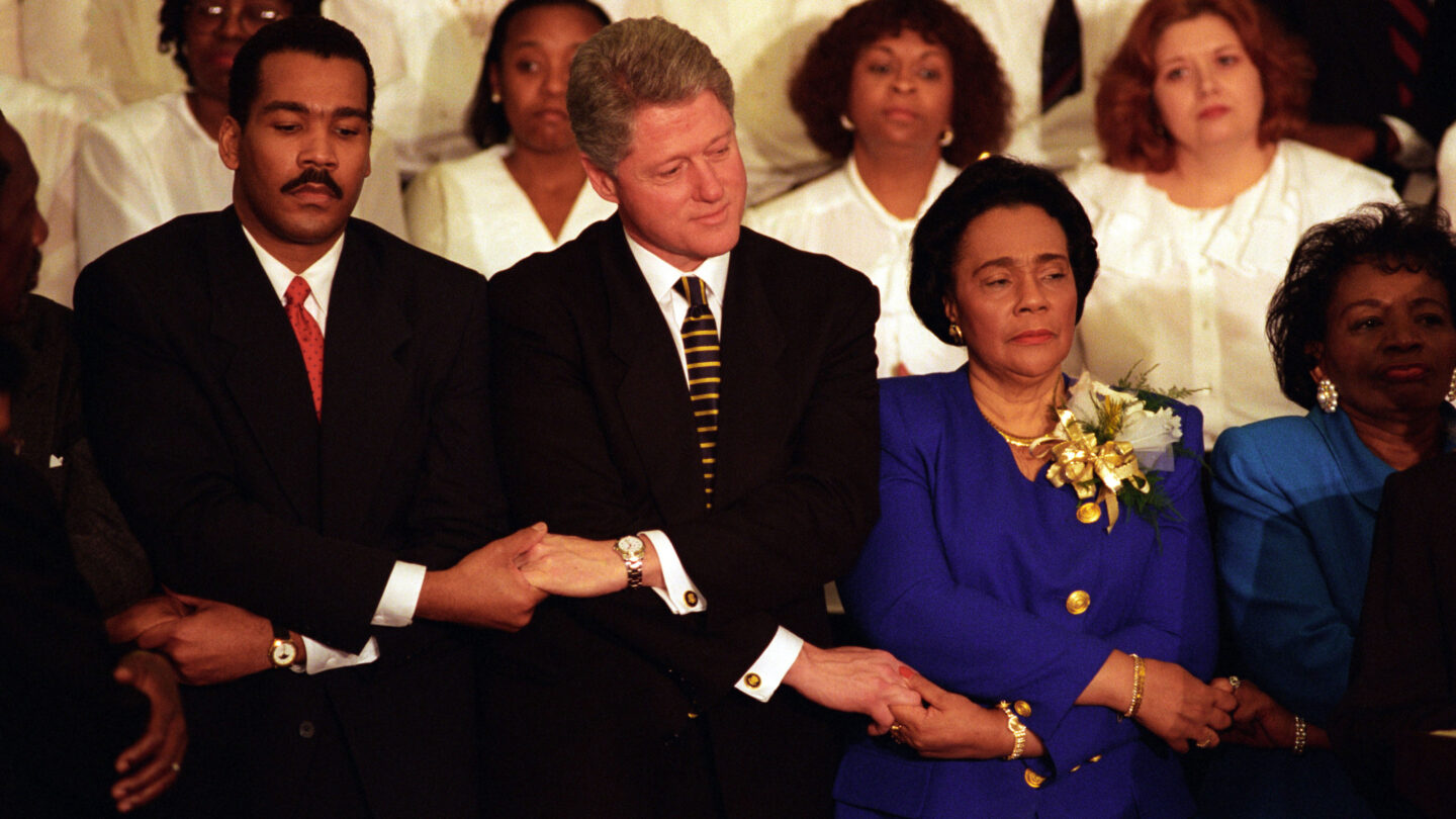 Dexter King with Bill Clinton, Coretta Scott King, and Christine King Farris 