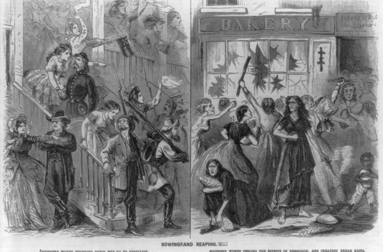 A newspaper comic contrasting Southern women from the start of the war in 1861 to the Spring of 1863